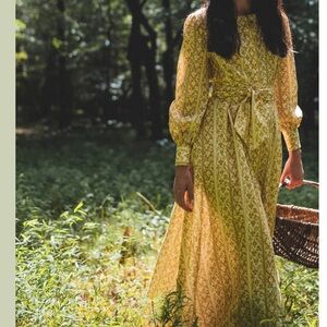 NWT PARTERRE Dorothea Cotton Linen Button Belt Dress in Yellow Melograno Stripe